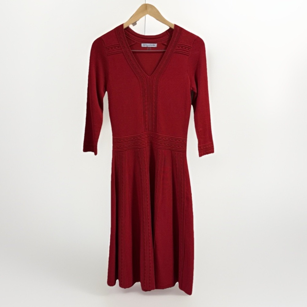 Danny and Nicole Red Sweater Dress Vneck 3/4 Sleeve Midi Knit Size Small